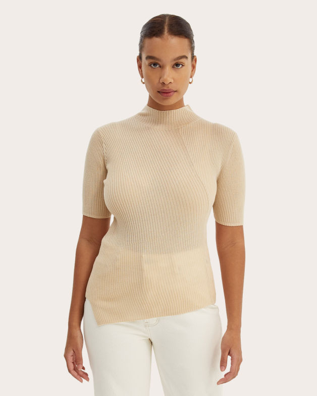 Jac Short Sleeve Asymmetrical Rib Knit in SAND