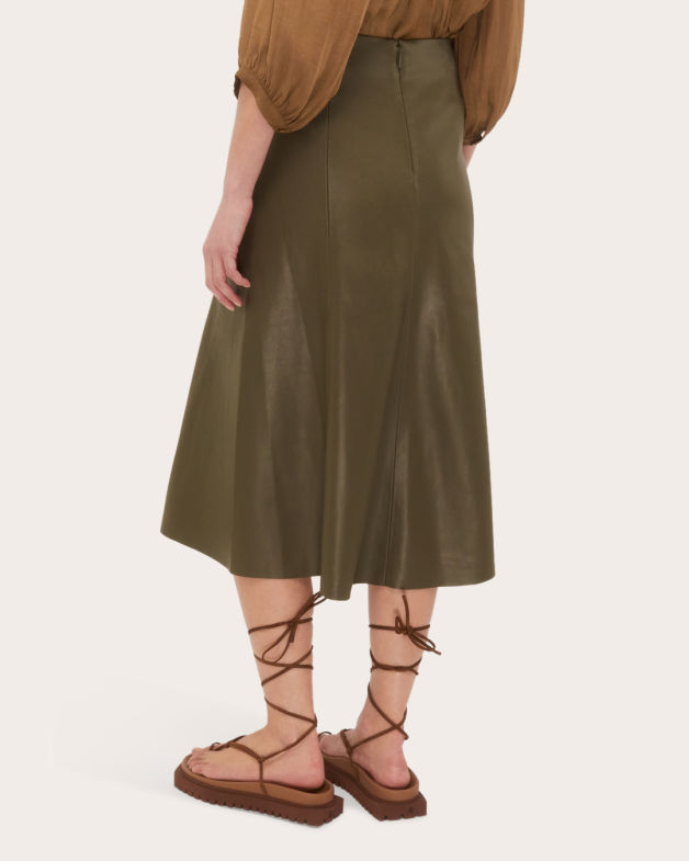 Viv Vegan Leather Midi Skirt in KHAKI
