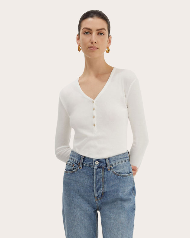 Fleur Long Sleeve Henley in WHITE
