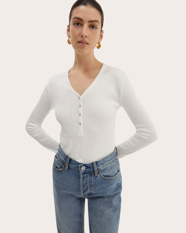 Fleur Long Sleeve Henley in WHITE