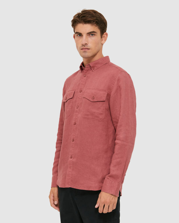 Anderson Classic Linen Pocket Shirt in BORDEAUX
