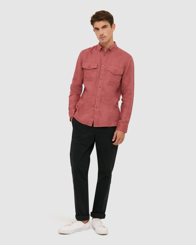 Anderson Classic Linen Pocket Shirt in BORDEAUX