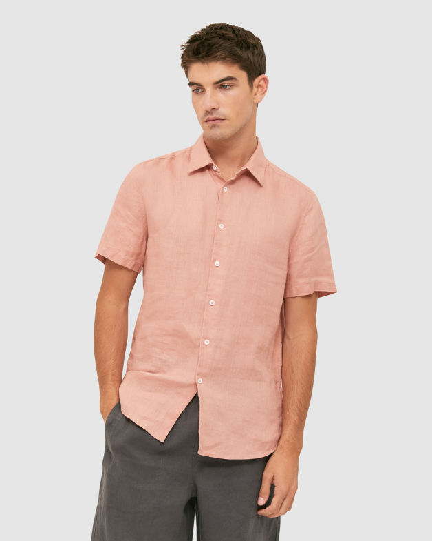 Anderson Short Sleeve Classic Linen Shirt in CLAY