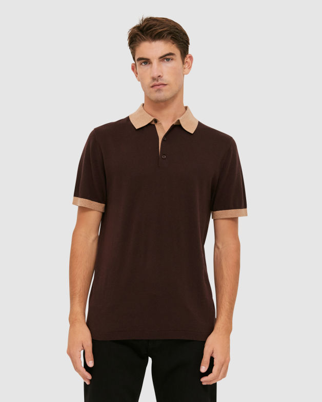 Miramar Cotton Wool Knit Polo in CHOCOLATE