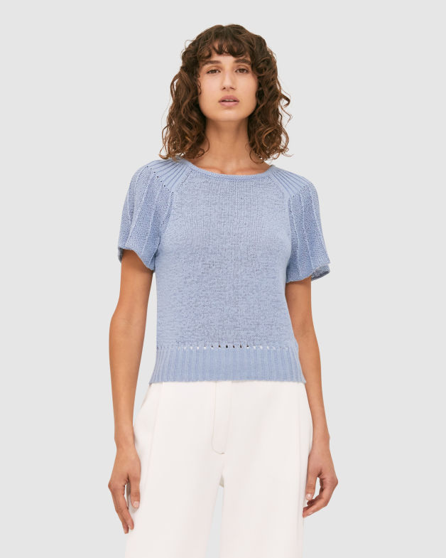 Edith Flare Sleeve Crop Knit Top in AIRFORCE BLUE