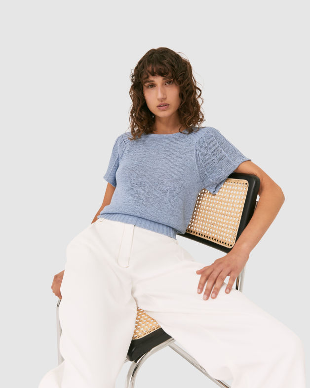 Edith Flare Sleeve Crop Knit Top in AIRFORCE BLUE