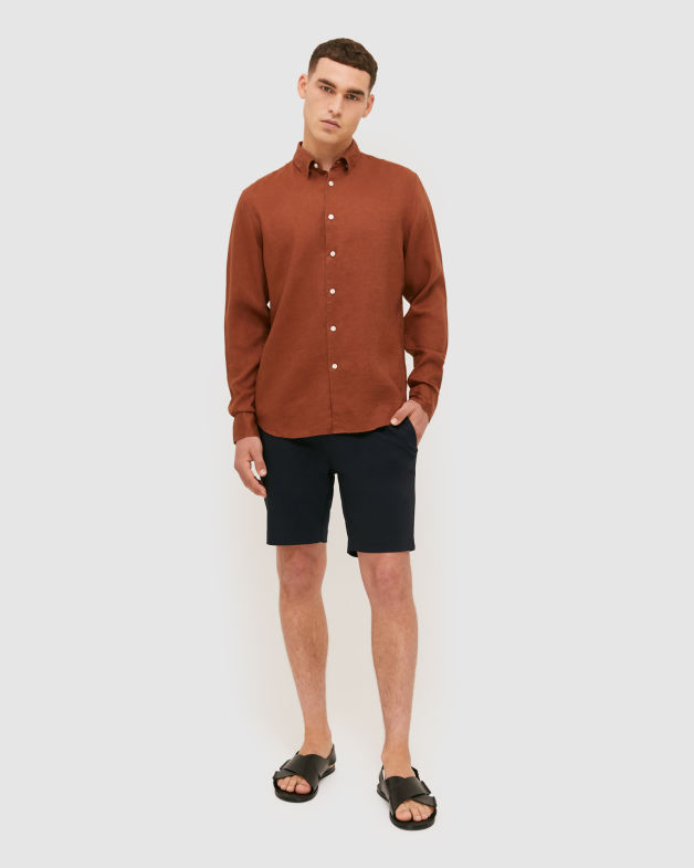 Anderson Long Sleeve Classic Linen Shirt in CHOCOLATE