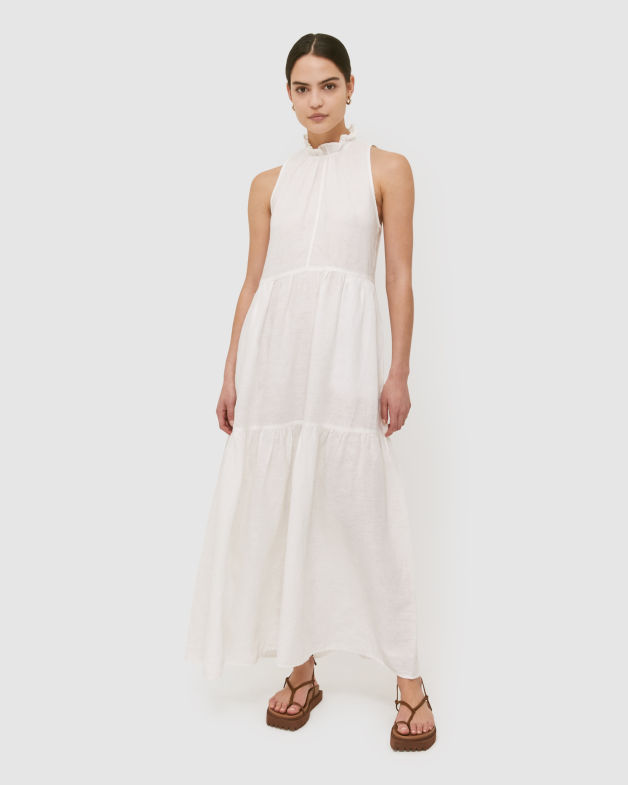 Lila Linen Tiered Maxi Dress in WHITE
