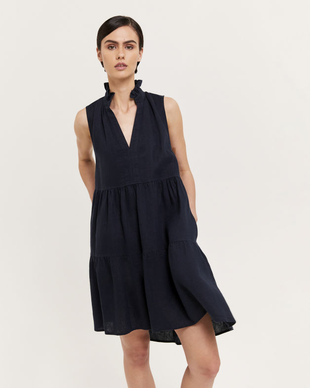 Lila Linen Tiered Dress in NAVY