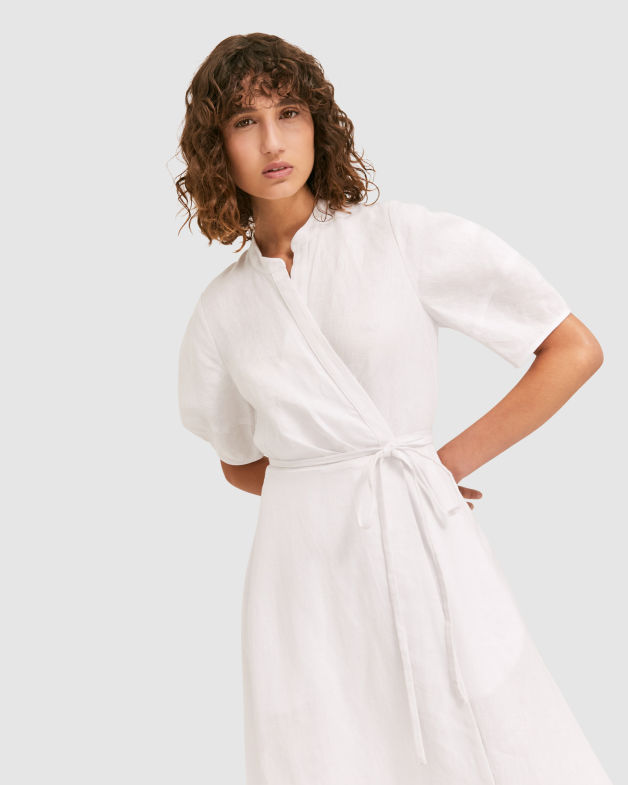 Lara Linen Wrap Dress in WHITE
