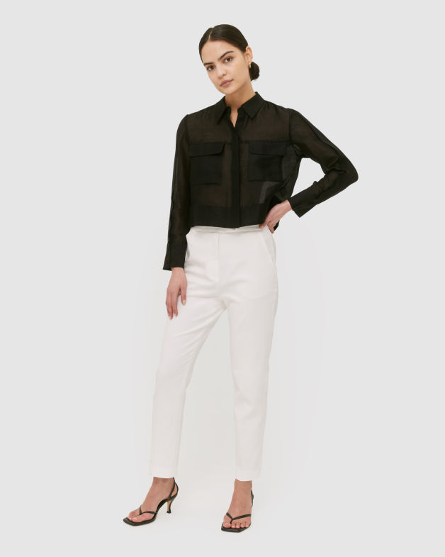 Nina Linen Silk Cropped Shirt in BLACK
