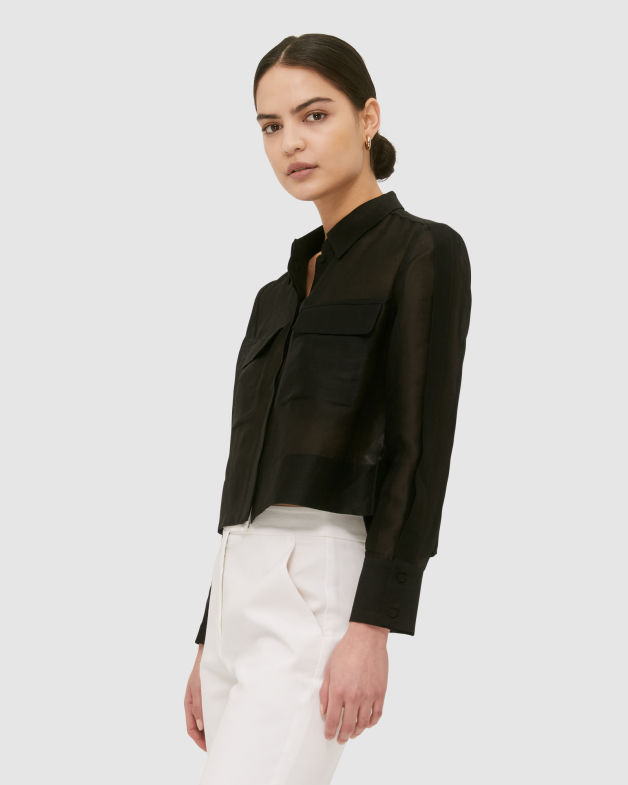Nina Linen Silk Cropped Shirt in BLACK