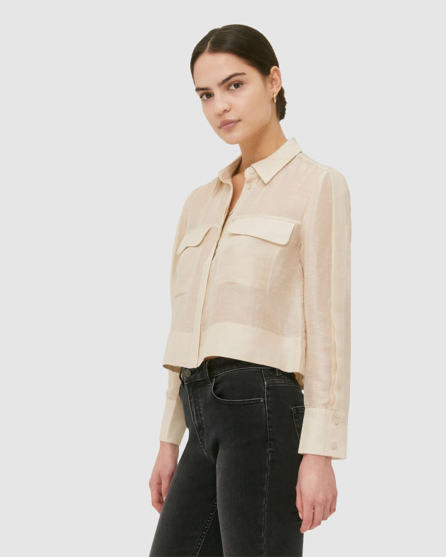 Nina Linen Silk Cropped Shirt in CHALK