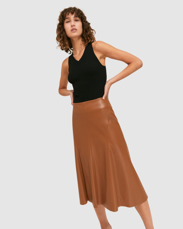Viv Vegan Leather Midi Skirt in TAN