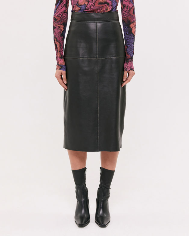 Leather Panel Midi Skirt in BLACK
