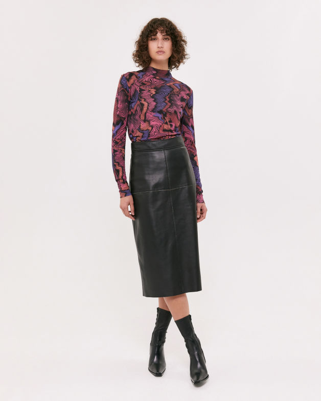 Leather Panel Midi Skirt in BLACK