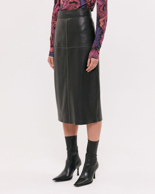 Leather Panel Midi Skirt in BLACK