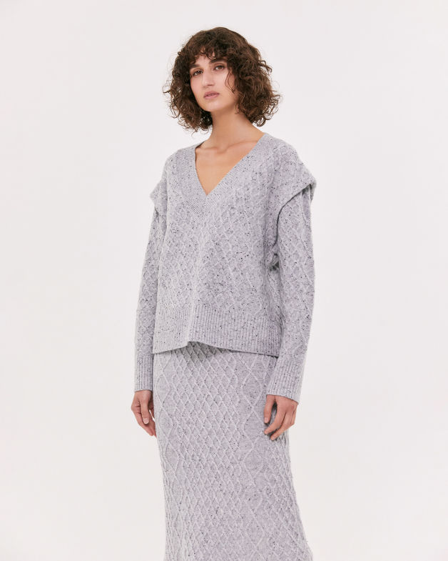 Claudia Merino Wool Cable V Neck Knit in GREY MELANGE