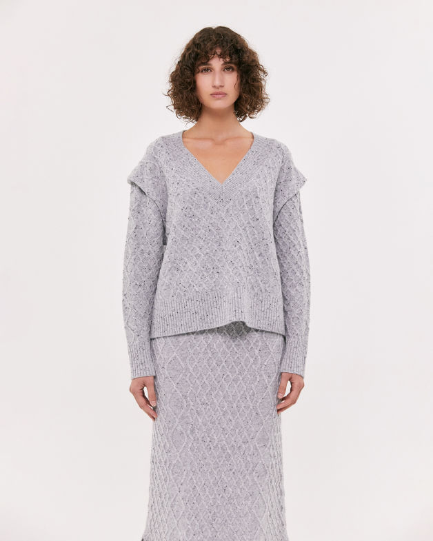 Claudia Merino Wool Cable V Neck Knit in GREY MELANGE