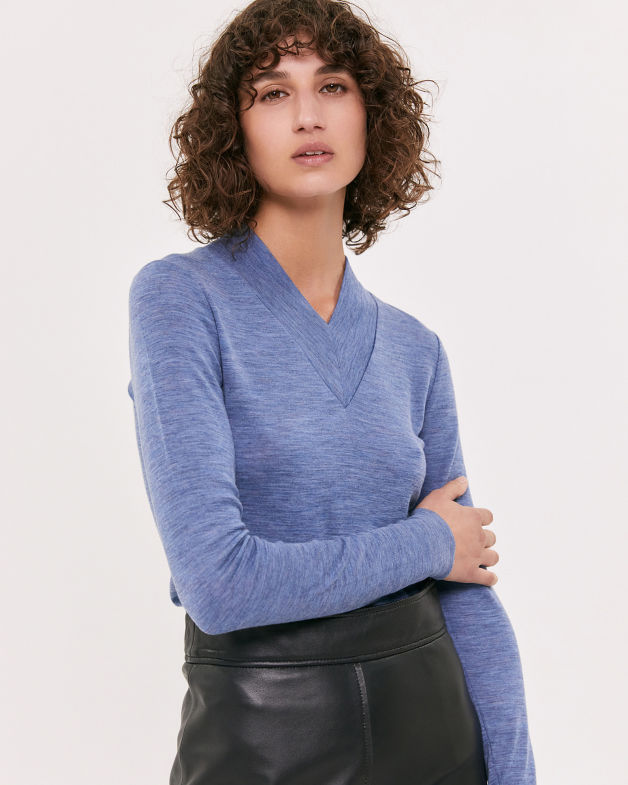 Coco Merino Wool V Neck Top in LAKE