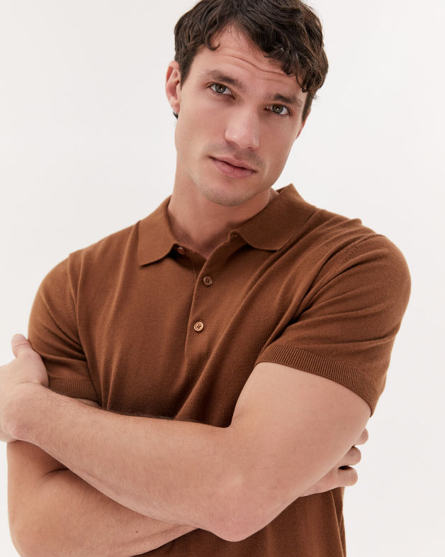 Miramar Cotton Wool Knit Polo in DARK CAMEL