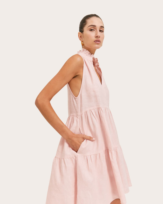 Lila Linen Tiered Dress in ROSEWATER
