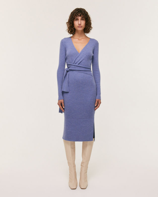 Elle Merino Wool Wrap Knit Dress in DENIM BLUE