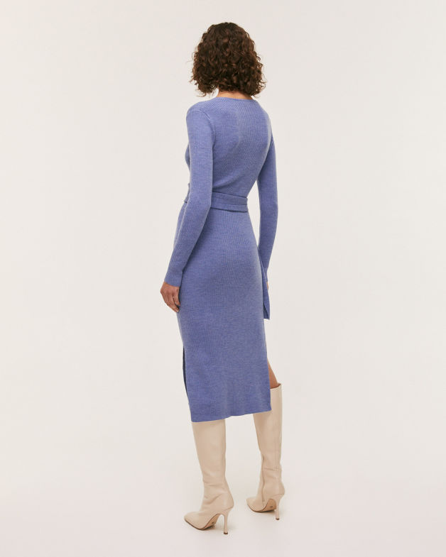 Elle Merino Wool Wrap Knit Dress in DENIM BLUE