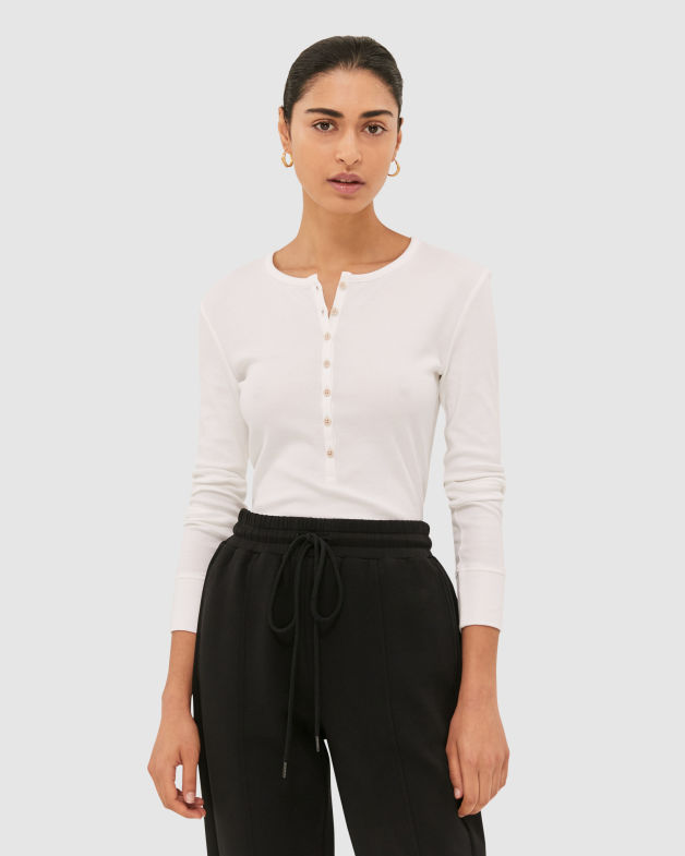 Fleur Long Sleeve Crew Henley in WHITE
