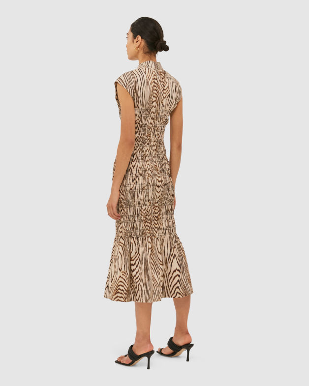 Allegro Shirred Dress in CAMEL/MULTI