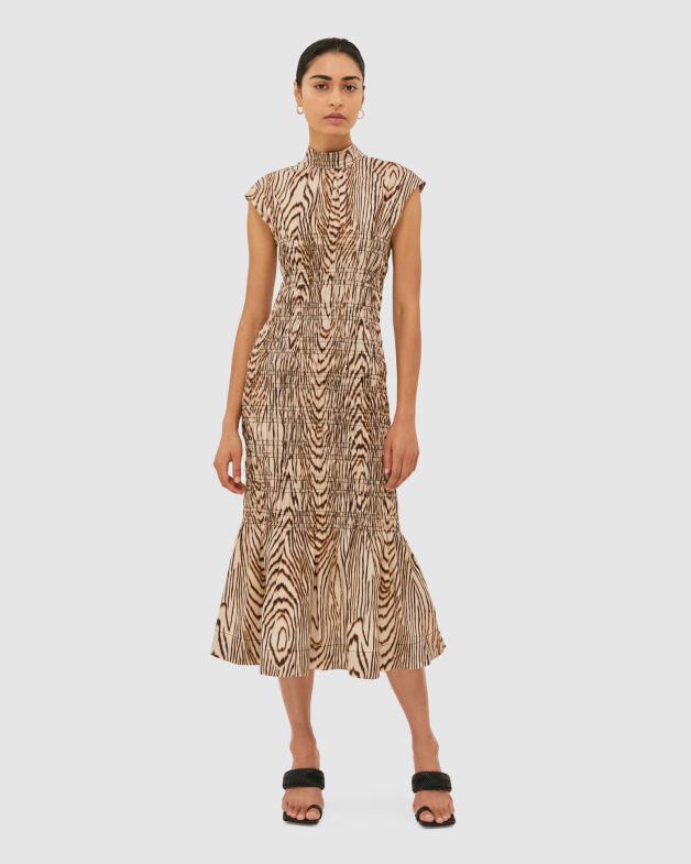 Allegro Shirred Dress in CAMEL/MULTI