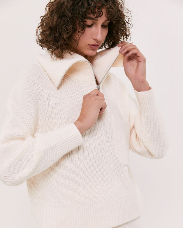 Wool Blend Zip Polo in WINTER WHITE