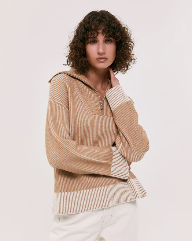 Hazel Two Tone Zip Sweater in CAMEL