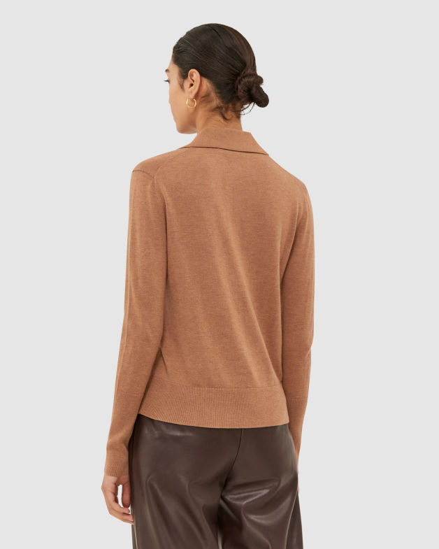 Laura Cashmere Blend Knit Polo in DARK CAMEL