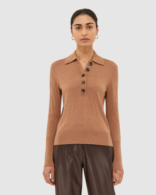 Laura Cashmere Blend Knit Polo in DARK CAMEL