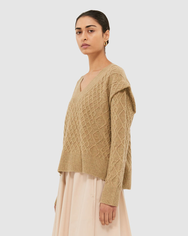 Claudia Merino Wool Cable V Neck Knit in CAMOMILE