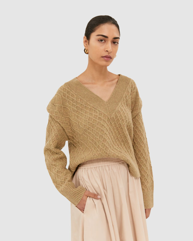 Claudia Merino Wool Cable V Neck Knit in CAMOMILE