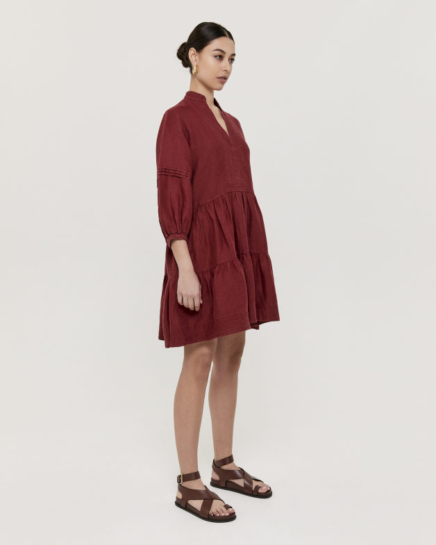 Lila Linen Puff Sleeve Mini Dress in CRANBERRY