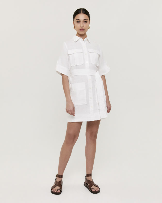 Lila Linen Belted Shirt Dress in WHITE
