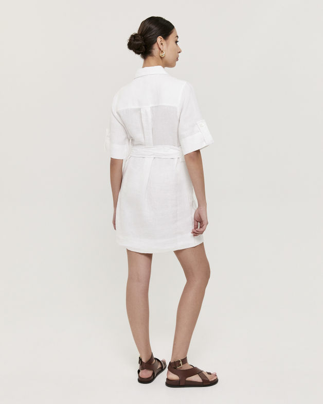 Lila Linen Belted Shirt Dress in WHITE