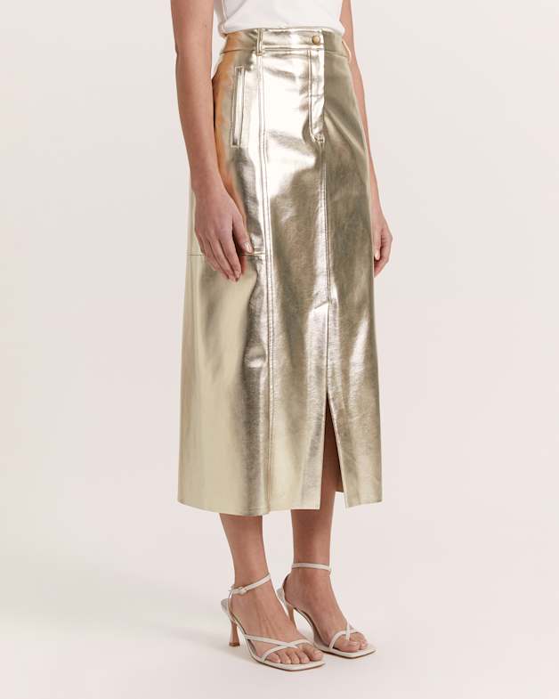 Quinn Faux Leather Metallic Midi Skirt