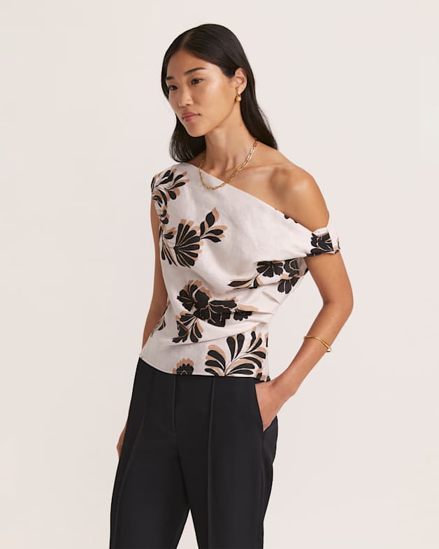 Ribbon Floral Off Shoulder Linen Top in Multi - SABA