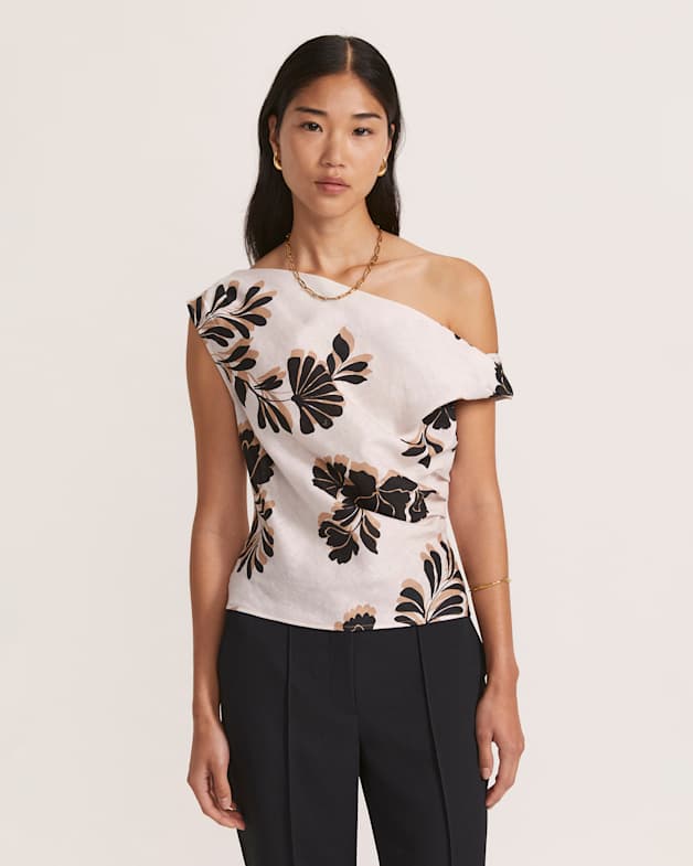 MYNE マイネ SHOULDER RIBBON TOPS Ribbon Floral Off Shoulder Linen Top in Multi - SABA