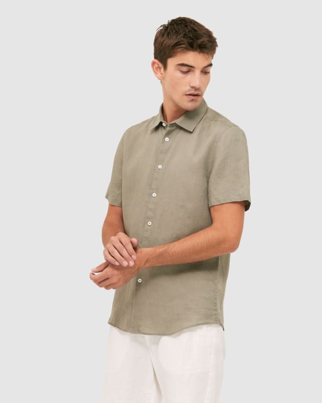 Anderson Short Sleeve Classic Linen Shirt in GRAPHITE