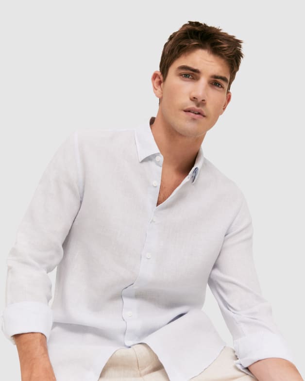 Anderson Long Sleeve Classic Linen Shirt in STORM BLUE