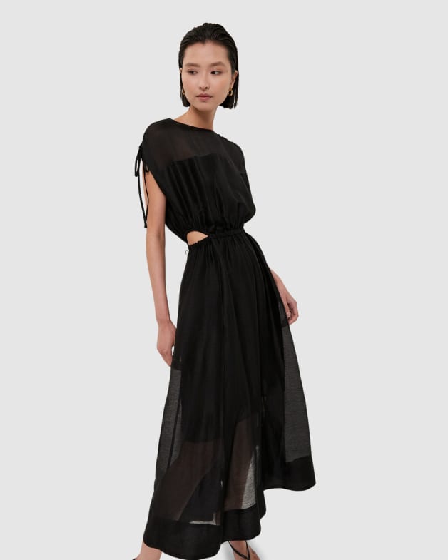 Nina Silk Linen Cut Out Midi Dress in BLACK