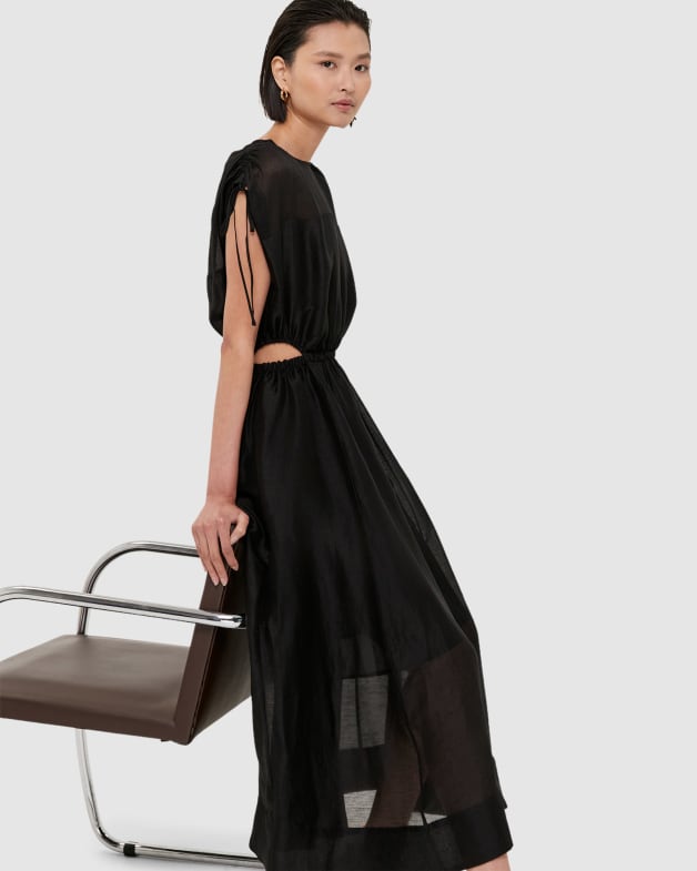 Nina Silk Linen Cut Out Midi Dress in BLACK