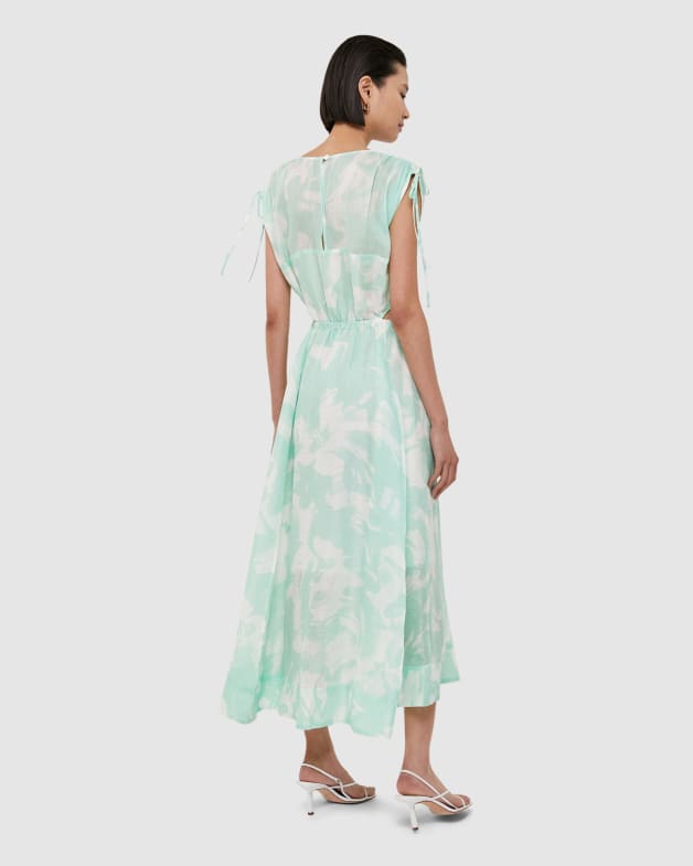 Nina Silk Linen Cut Out Midi Dress in MINT/IVORY