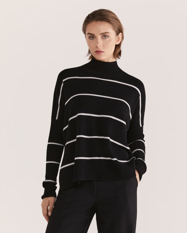 Claudia Funnel Neck Knit in BLACK/IVORY