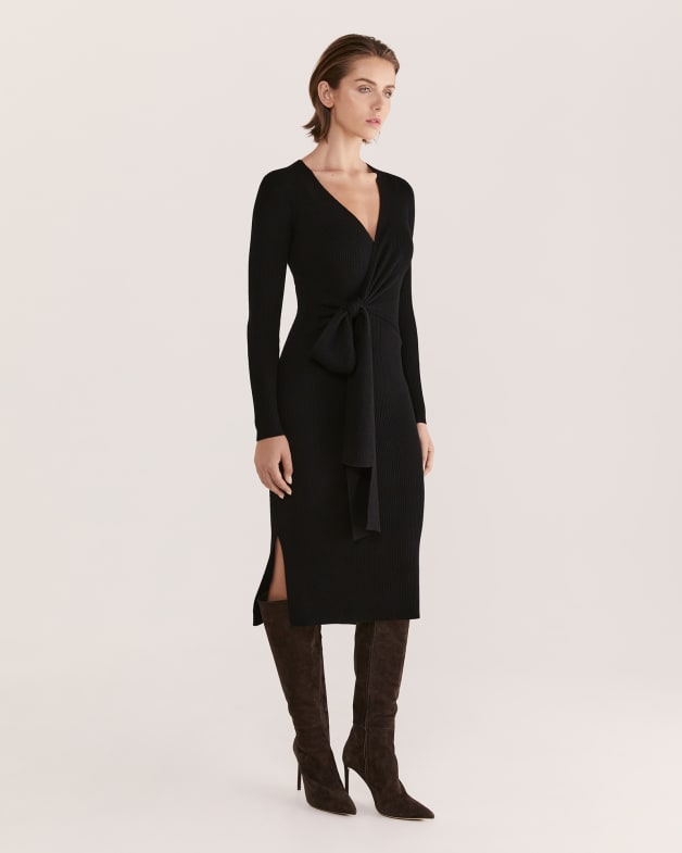 Elle Merino Wool Wrap Knit Dress in BLACK